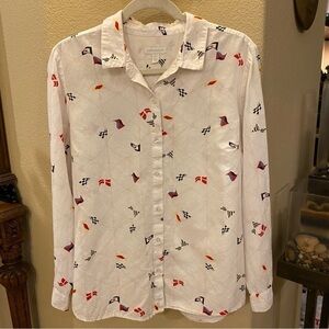 CHARTER CLUB Women Mariner Graphic Linen Blend Button Long Sleeve Shirt-Large